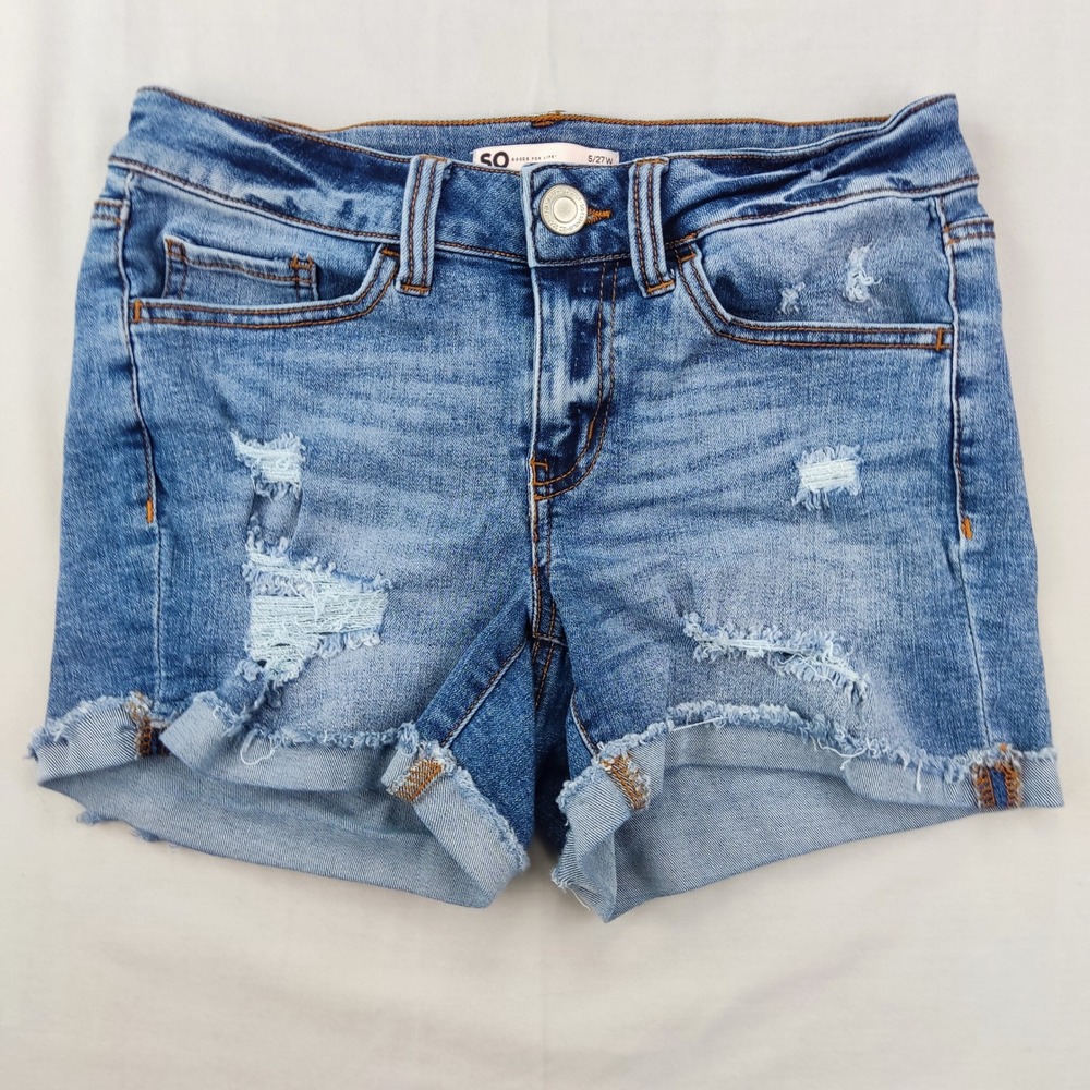 SO Denim Shorts Womens 5/27 Blue Midi Distressed Frayed Hem Stretch Jean Shorts